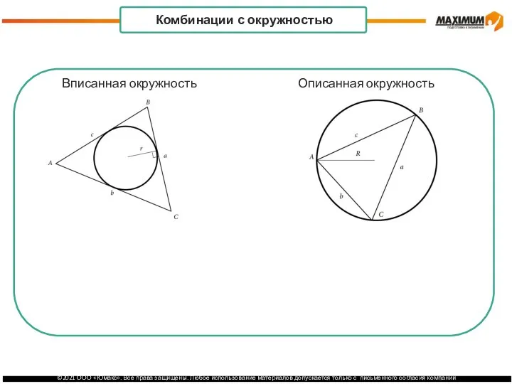 Центр окружности: точка пересечения пересечения серединных биссектрис перпендикуляров . Комбинации с окружностью Вписанная окружность Описанная окружность