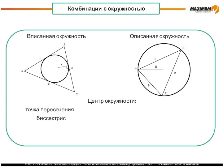 Центр окружности: точка пересечения пересечения серединных биссектрис перпендикуляров . Комбинации с окружностью Вписанная окружность Описанная окружность