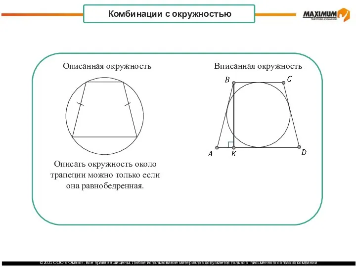 . Комбинации с окружностью Вписанная окружность Описанная окружность Описать окружность около трапеции