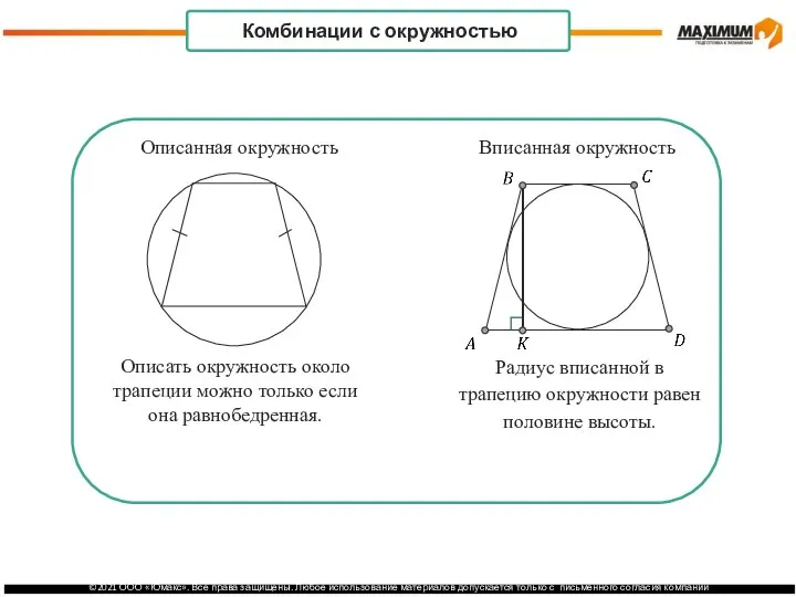 . Комбинации с окружностью Вписанная окружность Описанная окружность Описать окружность около трапеции