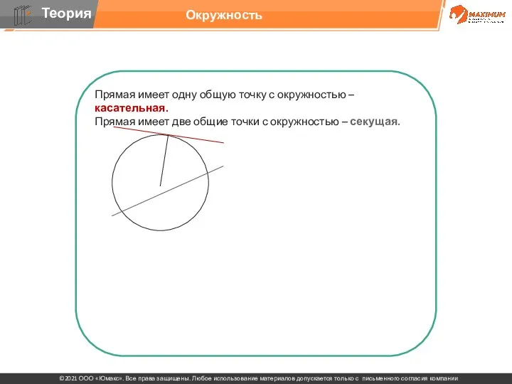 Прямая имеет одну общую точку с окружностью – касательная. Прямая имеет две