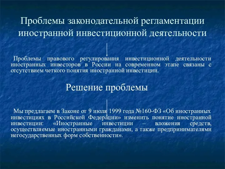 Проблемы законодательной регламентации иностранной инвестиционной деятельности Проблемы правового регулирования инвестиционной деятельности иностранных