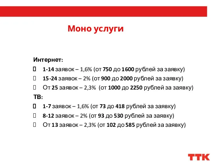 Моно услуги Интернет: 1-14 заявок – 1,6% (от 750 до 1600 рублей