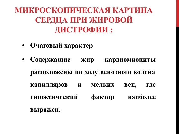 МИКРОСКОПИЧЕСКАЯ КАРТИНА СЕРДЦА ПРИ ЖИРОВОЙ ДИСТРОФИИ : Очаговый характер Содержащие жир кардиомиоциты