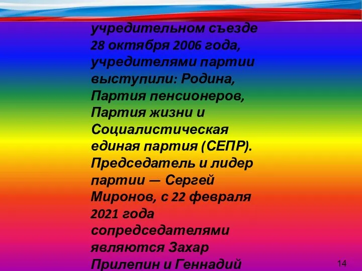 Образована на учредительном съезде 28 октября 2006 года, учредителями партии выступили: Родина,