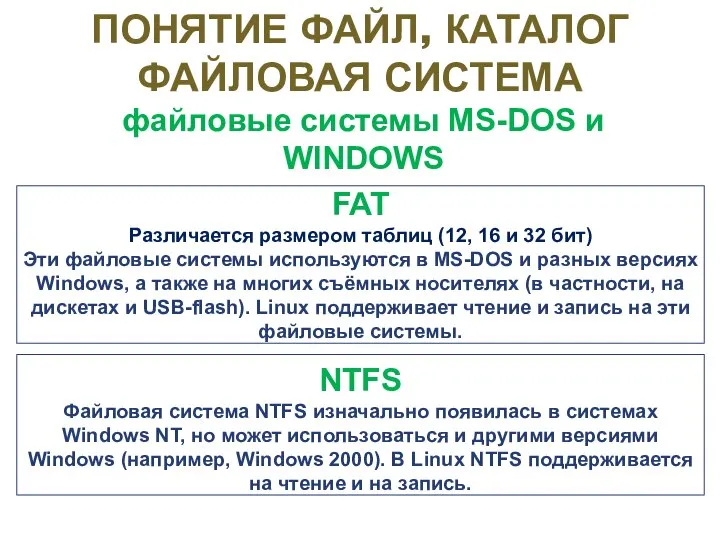 файловые системы MS-DOS и WINDOWS FAT Различается размером таблиц (12, 16 и