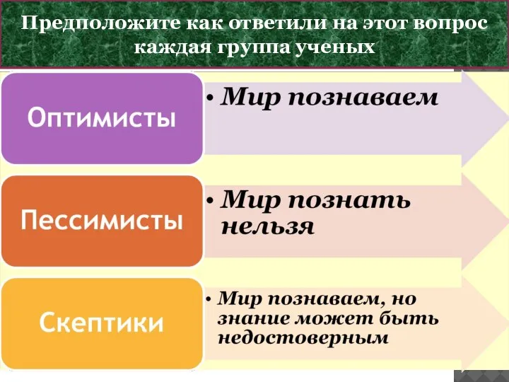 ПОЗНАВАЕМ ЛИ МИР ? Предположите как ответили на этот вопрос каждая группа ученых