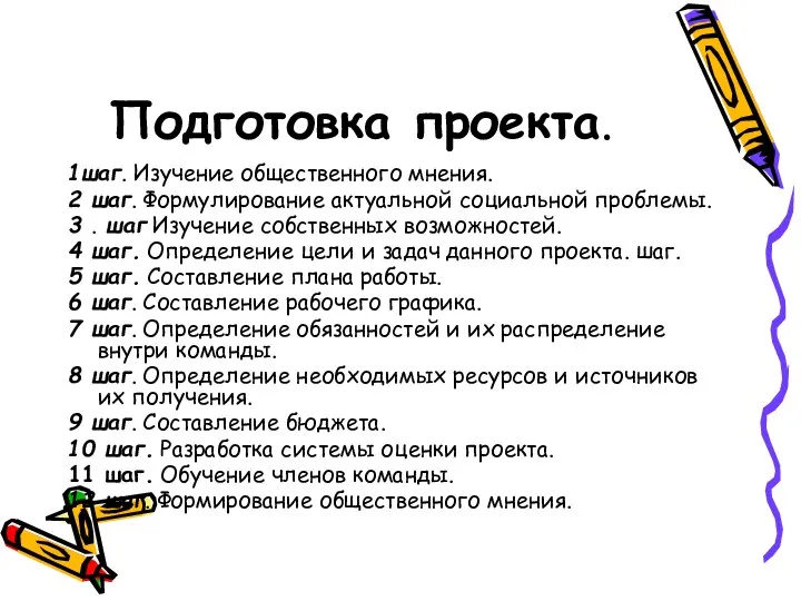 Подготовка проекта. 1шаг. Изучение общественного мнения. 2 шаг. Формулирование актуальной социальной проблемы.