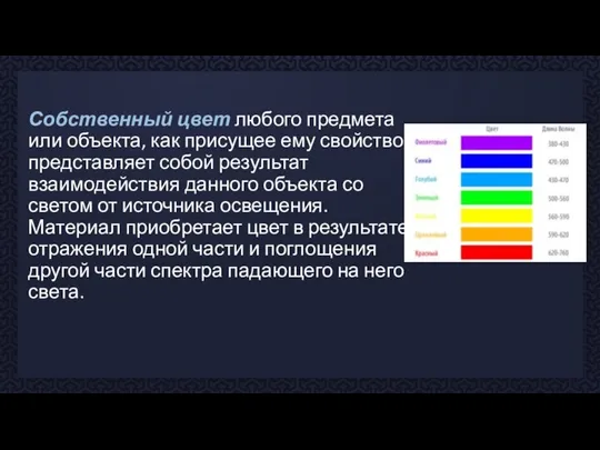 Собственный цвет любого предмета или объекта, как присущее ему свойство, представляет собой