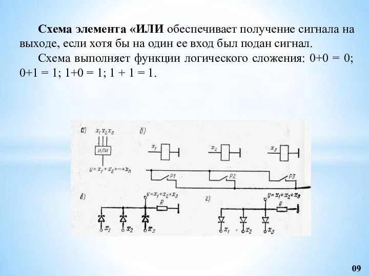 Схема элемента «ИЛИ обеспечивает получение сигнала на выходе, если хотя бы на