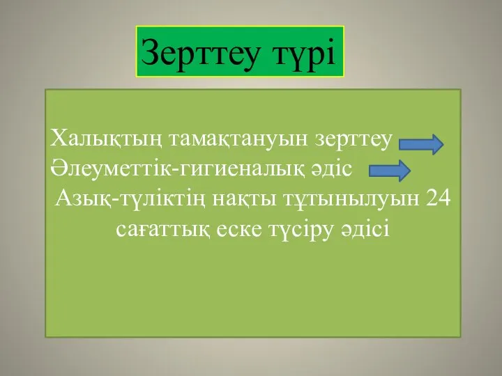 Халықтың тамақтануын зерттеу Әлеуметтік-гигиеналық әдіс Азық-түліктің нақты тұтынылуын 24 сағаттық еске түсіру әдісі Зерттеу түрі