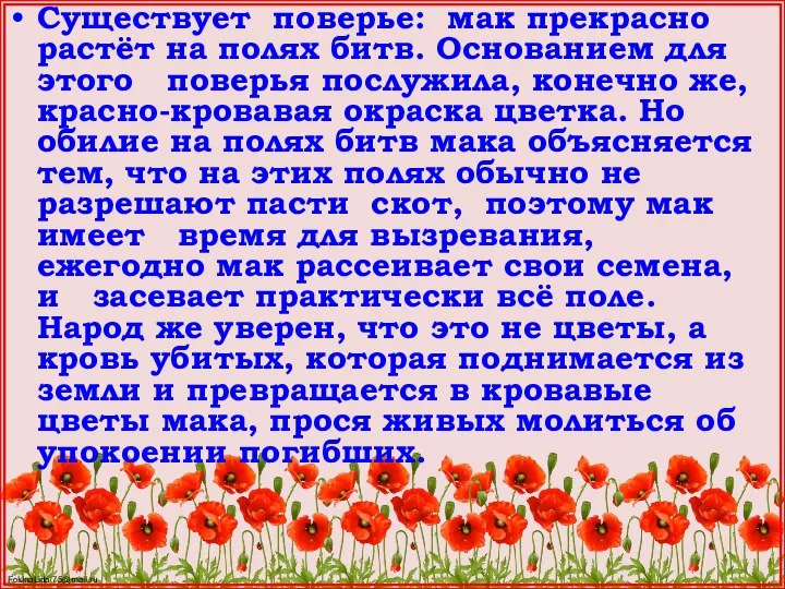 Существует поверье: мак прекрасно растёт на полях битв. Основанием для этого поверья