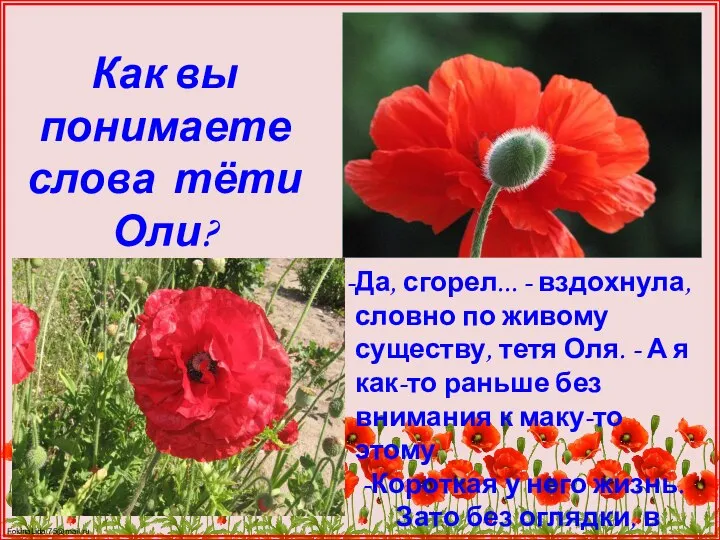 Как вы понимаете слова тёти Оли? Да, сгорел... - вздохнула, словно по