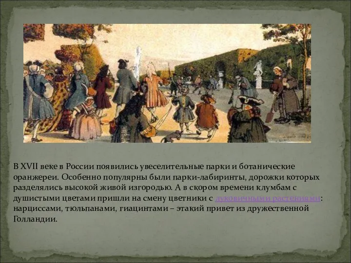 В XVII веке в России появились увеселительные парки и ботанические оранжереи. Особенно