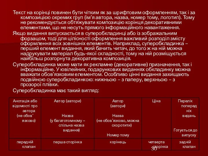 Текст на корінці повинен бути чітким як за шрифтовим оформленням, так і