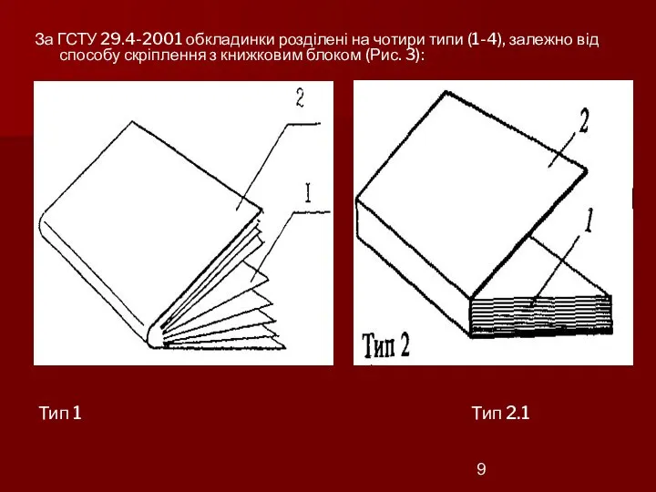 За ГСТУ 29.4-2001 обкладинки розділені на чотири типи (1-4), залежно від способу