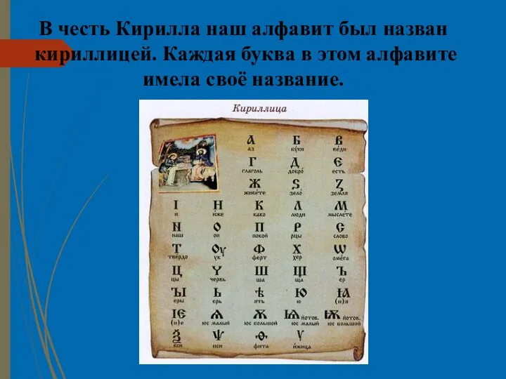 В честь Кирилла наш алфавит был назван кириллицей. Каждая буква в этом алфавите имела своё название.