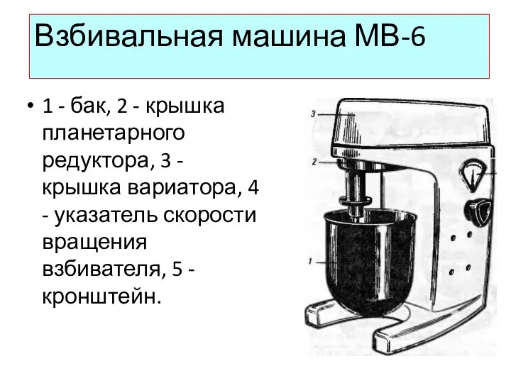 Взбивальная машина МВ-6 1 - бак, 2 - крышка планетарного редуктора, 3