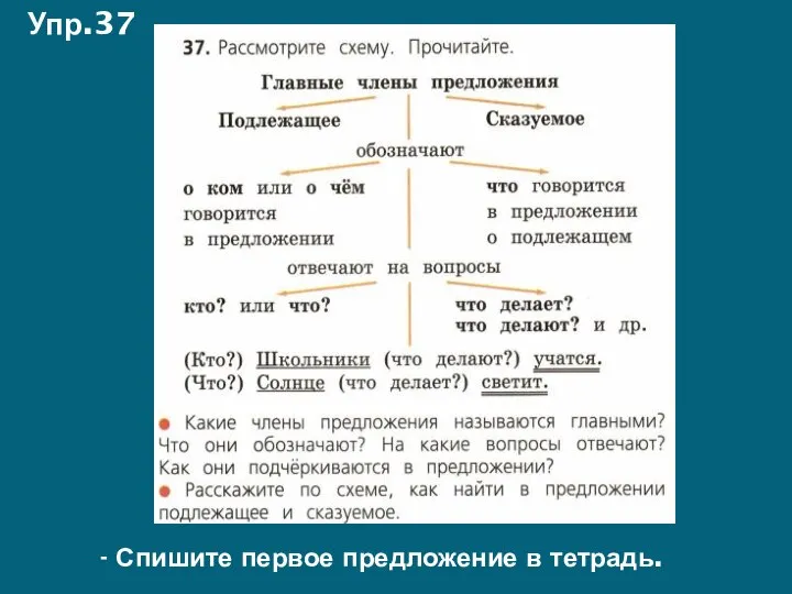 Упр.37 - Спишите первое предложение в тетрадь.