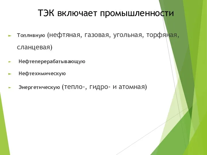 ТЭК включает промышленности Топливную (нефтяная, газовая, угольная, торфяная, сланцевая) Нефтеперерабатывающую Нефтехимическую Энергетическую (тепло-, гидро- и атомная)