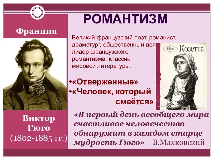 Франция Виктор Гюго (1802-1885 гг.) Великий французский поэт, романист, драматург, общественный деятель,