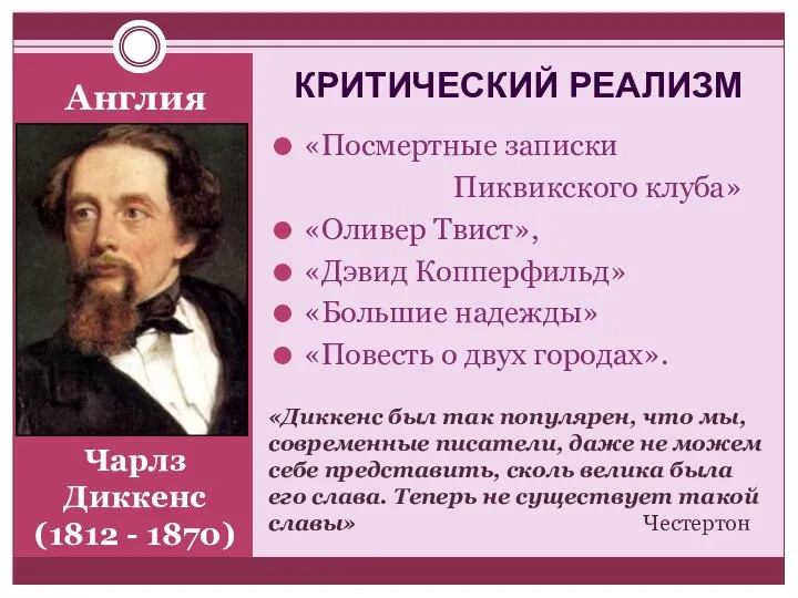 Англия «Посмертные записки Пиквикского клуба» «Оливер Твист», «Дэвид Копперфильд» «Большие надежды» «Повесть