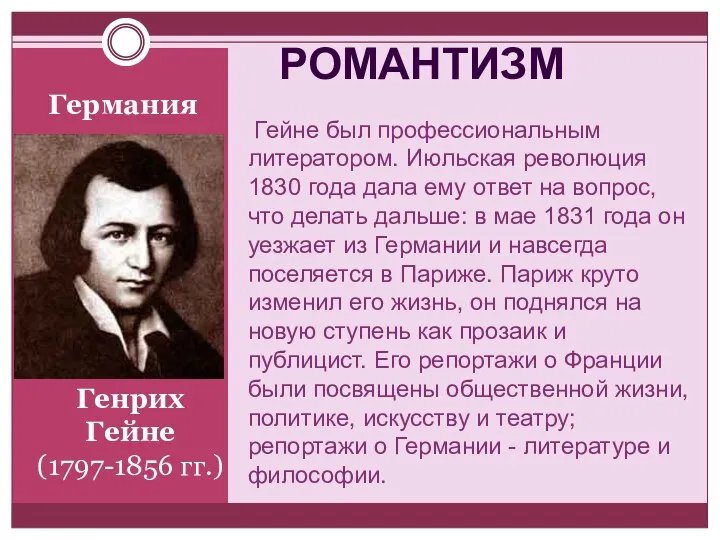 Германия Генрих Гейне (1797-1856 гг.) Гейне был профессиональным литератором. Июльская революция 1830