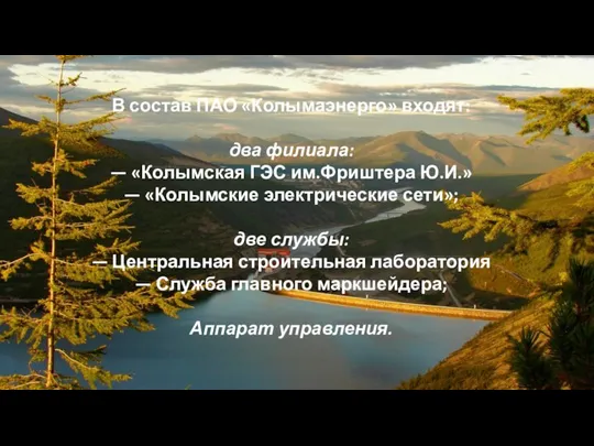 В состав ПАО «Колымаэнерго» входят: два филиала: — «Колымская ГЭС им.Фриштера Ю.И.»