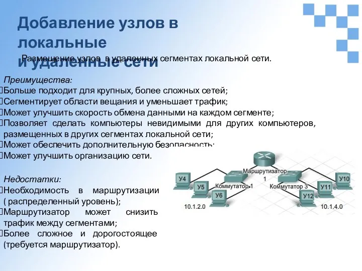 Добавление узлов в локальные и удаленные сети Размещение узлов в удаленных сегментах