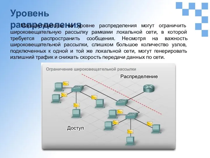 Уровень распределения Маршрутизаторы на уровне распределения могут ограничить широковещательную рассылку рамками локальной