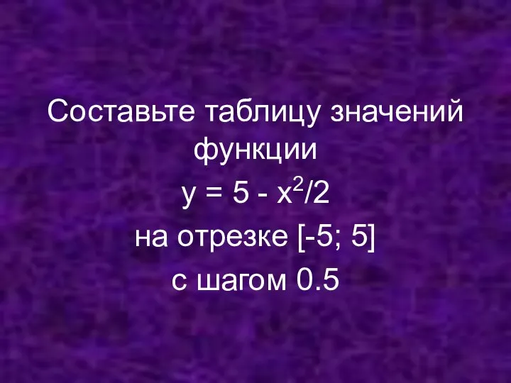 Составьте таблицу значений функции y = 5 - x2/2 на отрезке [-5; 5] с шагом 0.5
