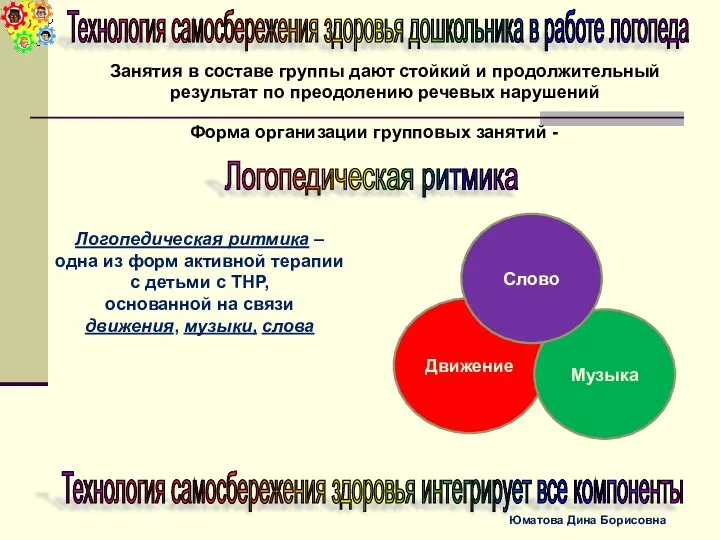 Технология самосбережения здоровья дошкольника в работе логопеда Форма организации групповых занятий -