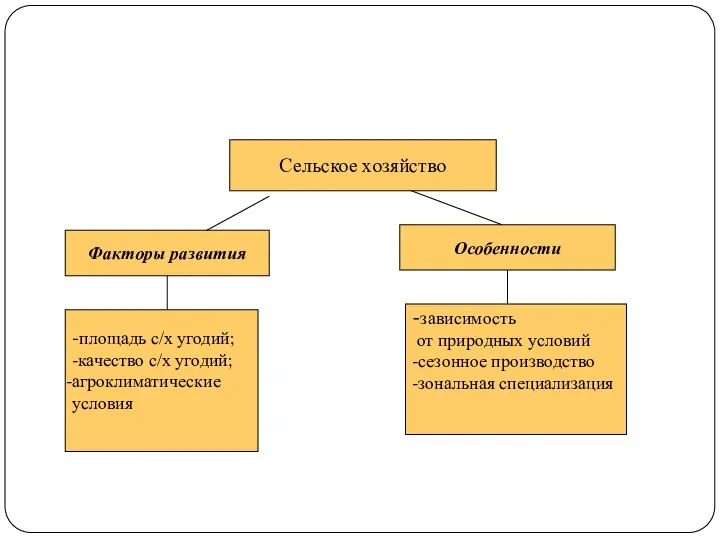 Сельское хозяйство Факторы развития Особенности -площадь с/х угодий; -качество с/х угодий; агроклиматические