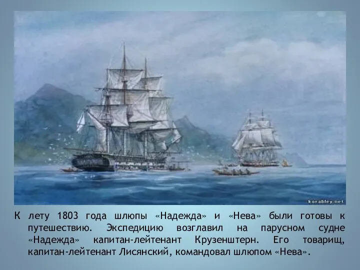 К лету 1803 года шлюпы «Надежда» и «Нева» были готовы к путешествию.