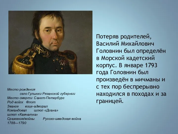 Потеряв родителей, Василий Михайлович Головнин был определён в Морской кадетский корпус. В