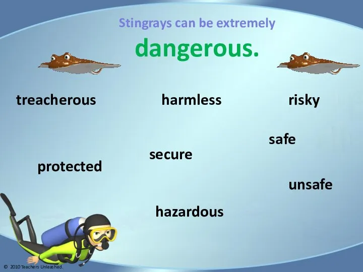 Stingrays can be extremely dangerous. unsafe risky treacherous hazardous harmless secure safe