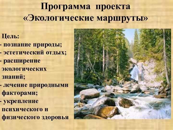 Программа проекта «Экологические маршруты» Цель: познание природы; эстетический отдых; расширение экологических знаний;