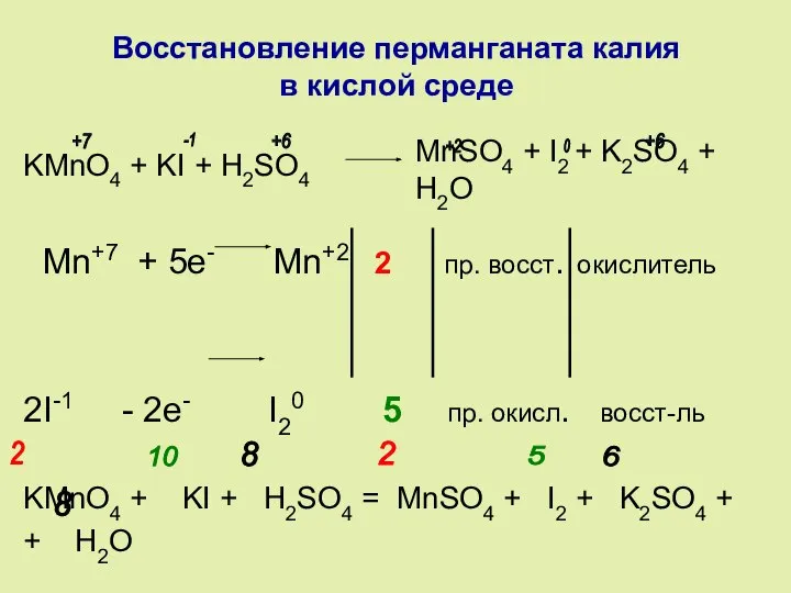 Восстановление перманганата калия в кислой среде KMnO4 + KI + H2SO4 Mn+7