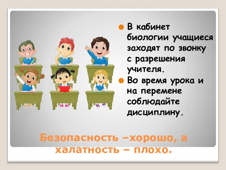 Безопасность –хорошо, а халатность – плохо. В кабинет биологии учащиеся заходят по