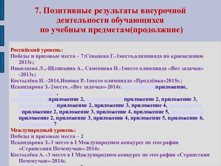 7. Позитивные результаты внеурочной деятельности обучающихся по учебным предметам(продолжние) Российский уровень: Победы