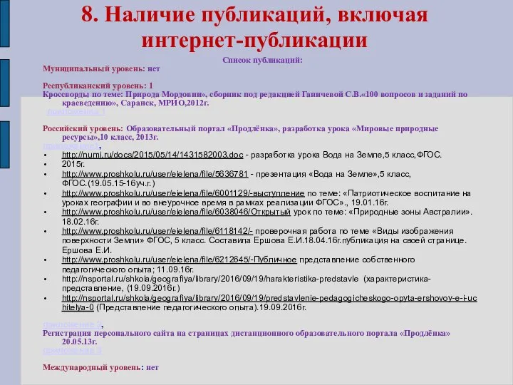 8. Наличие публикаций, включая интернет-публикации Список публикаций: Муниципальный уровень: нет Республиканский уровень: