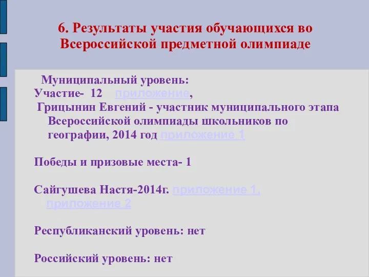 6. Результаты участия обучающихся во Всероссийской предметной олимпиаде Муниципальный уровень: Участие- 12