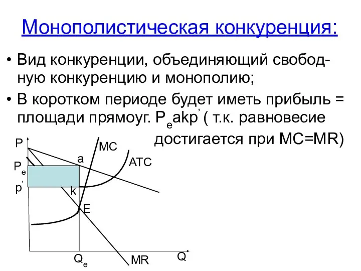 Монополистическая конкуренция: Вид конкуренции, объединяющий свобод-ную конкуренцию и монополию; В коротком периоде