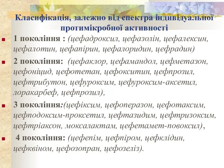 Класифікація, залежно від спектра індивідуальної протимікробної активності 1 покоління : (цефадроксил, цефазолін,