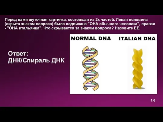 Ответ: ДНК/Спираль ДНК 1.6 Перед вами шуточная картинка, состоящая из 2х частей.