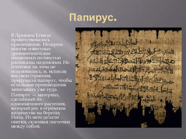 Папирус. В Древнем Египте приветствовалось просвещение. Недаром многие известные древнеегипетские памятники полностью