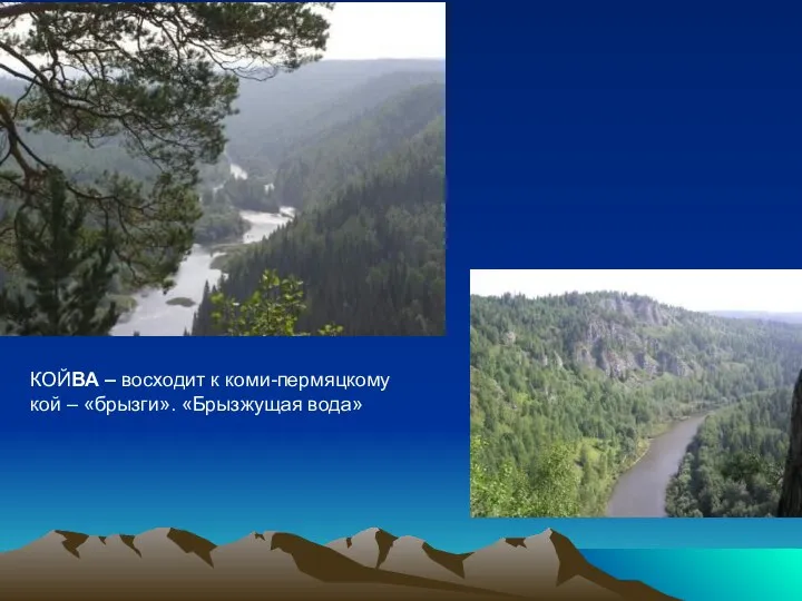 КОЙВА – восходит к коми-пермяцкому кой – «брызги». «Брызжущая вода»