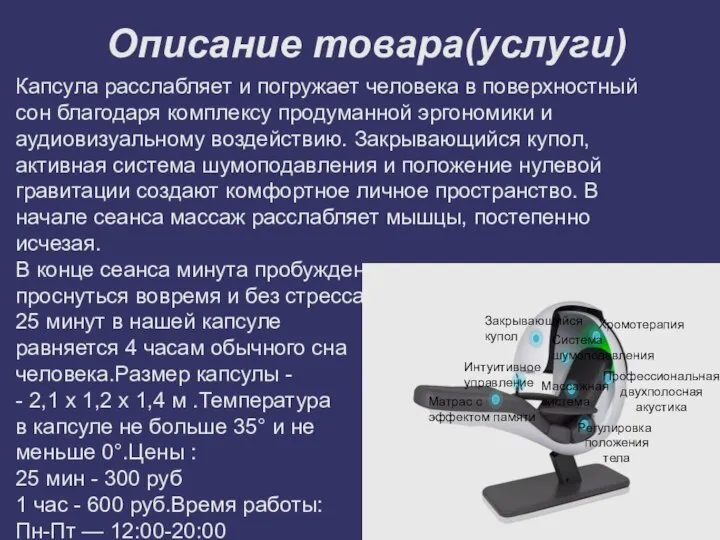 Описание товара(услуги) Капсула расслабляет и погружает человека в поверхностный сон благодаря комплексу