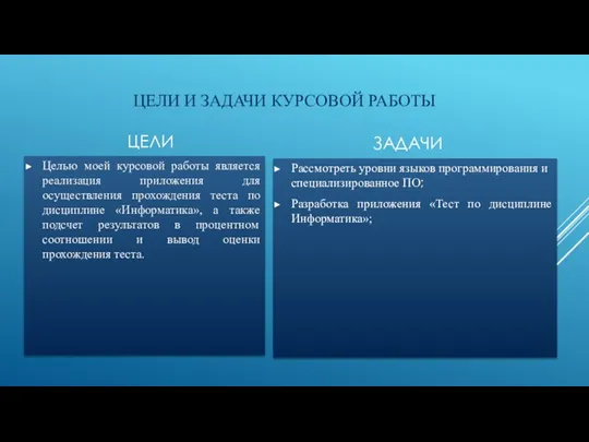 ЦЕЛИ И ЗАДАЧИ КУРСОВОЙ РАБОТЫ ЦЕЛИ Целью моей курсовой работы является реализация