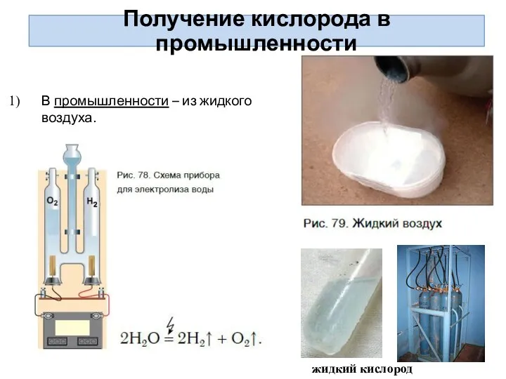 Получение кислорода в промышленности жидкий кислород В промышленности – из жидкого воздуха.